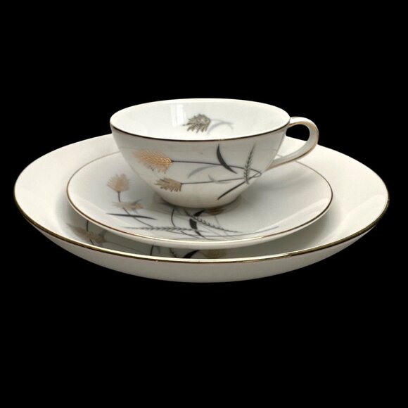 Bel-Air China Golden Grain Tea Cup Saucer Plate Trio Wheat Design Gold Trim Vint - Picture 1 of 8